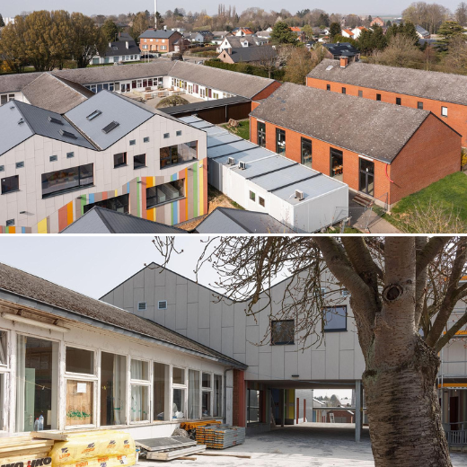 This two-part image shows a school complex blending modern and traditional architecture. The top image highlights the contrast between a contemporary building with colorful panels and sharp lines, and an adjacent red-brick structure with a more classic design. The bottom image focuses on an older section of the complex under renovation, with a modern extension visible in the background, showcasing the integration of new design elements into the existing structure.