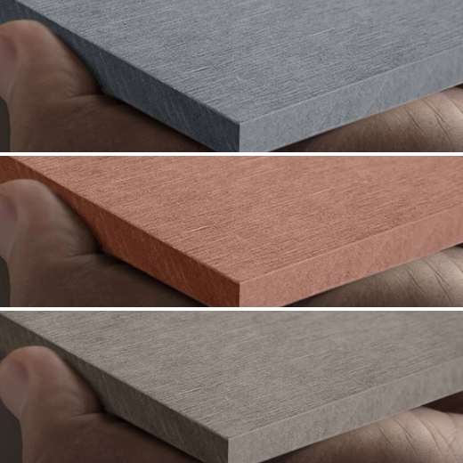 This image showcases three close-up views of different colored panels, each held in a hand. The panels have a smooth, matte texture and appear to be made from the same material but in different shades: a cool gray, a warm reddish-brown, and a neutral beige. The images emphasize the thickness and clean edges of the panels, highlighting their uniformity and high-quality finish.