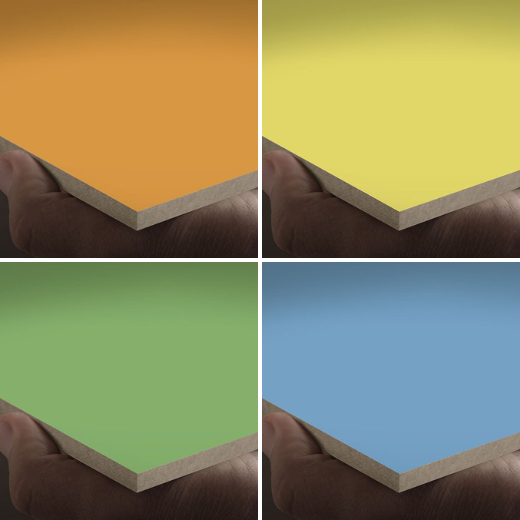 This image features four close-up views of colorful panels, each held by a hand. The panels are shown in bold, solid colors: orange, yellow, green, and blue. The panels have a smooth, matte finish with clean edges, emphasizing their uniform thickness and vibrant hues. The focus is on the vividness and quality of the material, highlighting their potential use in creative or architectural applications.