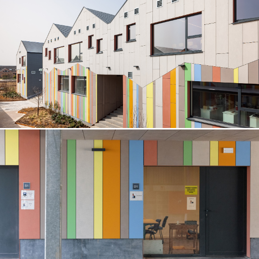 This image set shows the exterior and interior of a modern building with a vibrant, colorful design. The top image highlights the building's facade, featuring bright vertical stripes in various colors, large windows, and a gabled roofline. The lower image offers a closer look at the interior, where the colorful striped theme continues around doorways and windows, creating a cohesive and lively atmosphere. The design blends playful aesthetics with modern architecture, both inside and out.