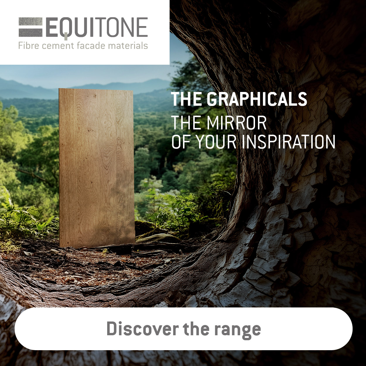 Wooden fibre cement facade panel from EQUITONE displayed in a natural landscape, promoting innovative facade materials for architectural design.