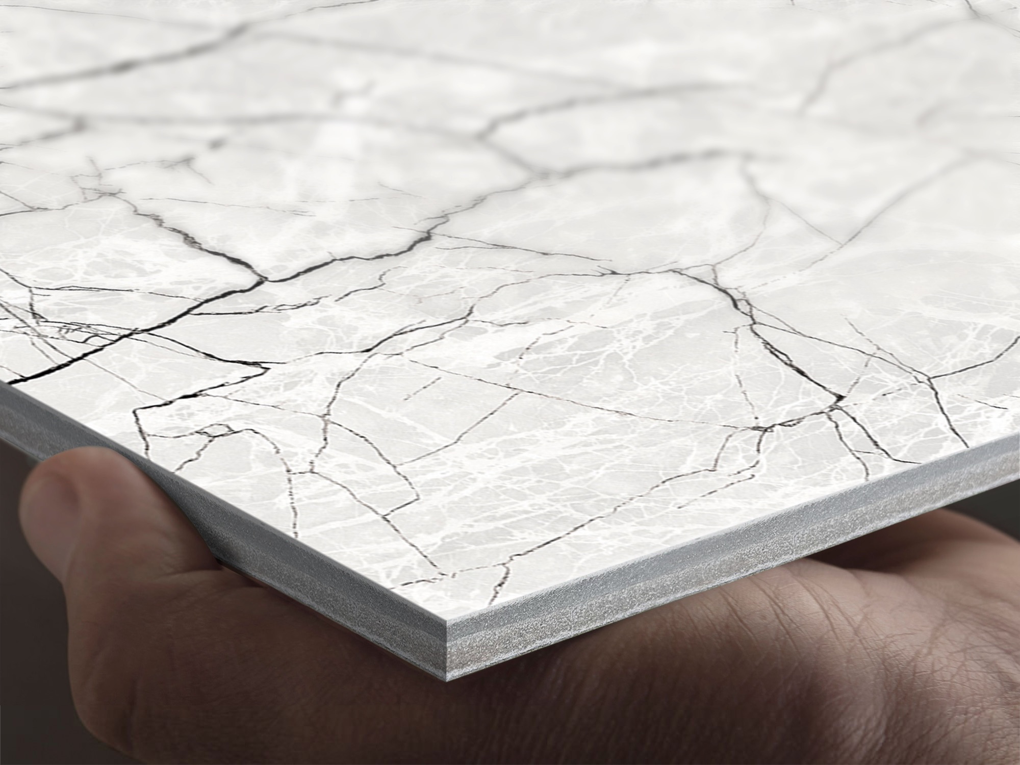 Close-up of a marble-textured fibre cement panel with a cracked marble design, showcasing durable construction and realistic stone finish.